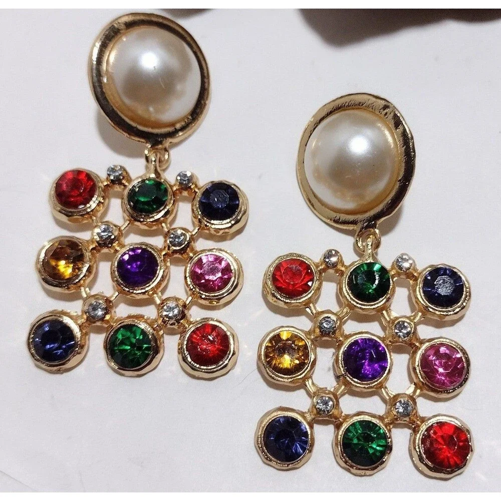 BIG Vintage 90s Color Block Pearl Gold tone Statement Earrings